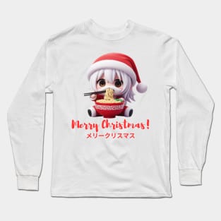 Chibi Kawaii Santa Claus Eating Ramen Noodles Long Sleeve T-Shirt